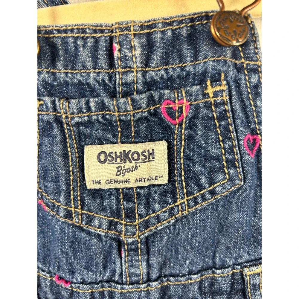 OshKosh B'gosh Denim Overalls 6M Blue‎ Pink Heart Embroidered Bibs Baby Girls